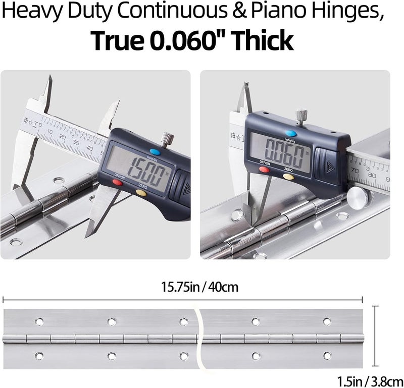 GRRONZEE 2 Pack Heavy Duty Piano Hinge 16 Inch x 1.5 Inch Stainless Steel Continuous & Piano Hinges with Holes, 16" Continuous Hinges for Cabinet, Door, DIY Wood Boxes, 0.060" Leaf Thickness, 1.5" Open Width - Image 2